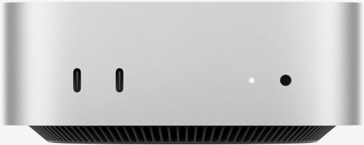 Mac mini, front, two Thunderbolt ports, status indicator light and headphone jack, tapered black base at bottom, flat top, rounded sides, straight edges, silver color