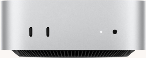 Mac mini, front, two Thunderbolt ports, status indicator light and headphone jack, tapered black base at bottom, flat top, rounded sides, straight edges, silver color