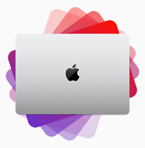 Closed MacBook Pro, top view, atop a stacking, spiral-design of MacBook Pro multicolor shadows