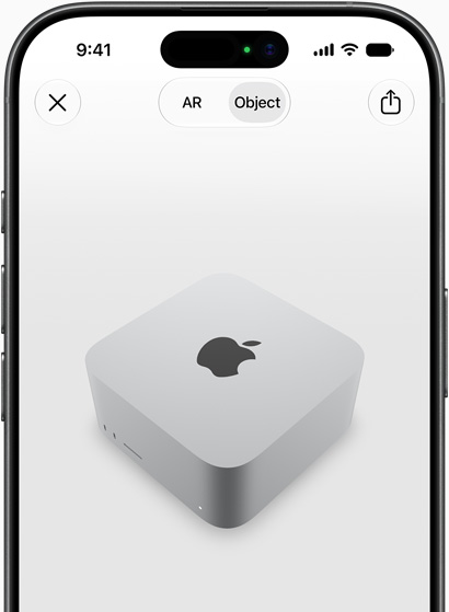 Preview of Mac Studio being viewed in AR experience on iPhone