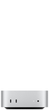 Mac mini, front, two Thunderbolt ports, status indicator light and 3.5 millimeter headphone jack, tapered black base at bottom, flat top, rounded sides, straight edges, Silver color