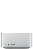 Mac Studio, front, two USB-C ports, SDXC card slot, status indicator light, tapered base at bottom, flat top, rounded sides, straight edges, silver color