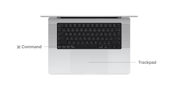 Top view of MacBook Pro 14" with lines indicating where the Command key button and trackpad are.