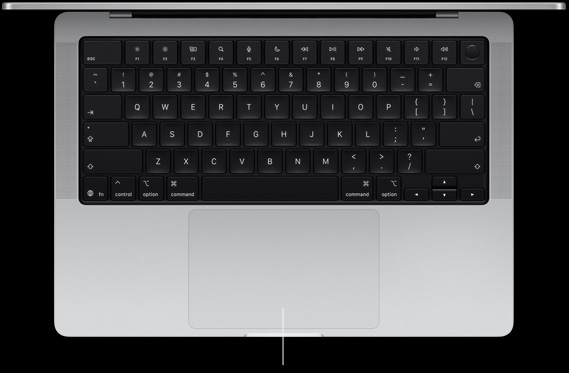 Top-down view of open MacBook Pro 14-inch showing Force Touch trackpad located below keyboard