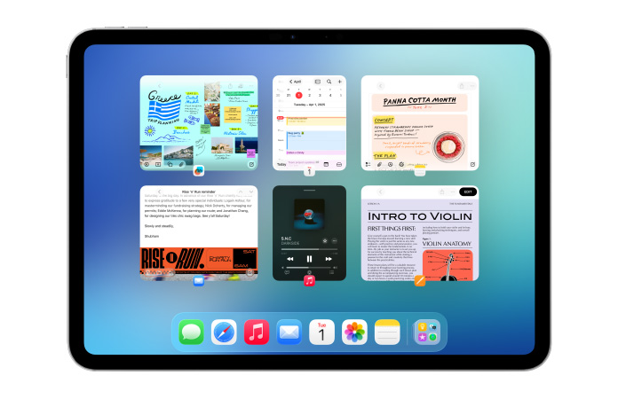 iPad, landscape orientation, shows six windows open in two rows, including Calendar app, Notes app, Apple Music, and Safari