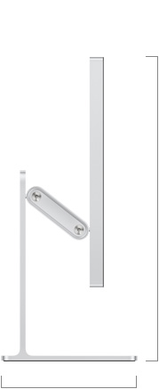 Seitenansicht des Studio Display XDR mit neigungs- und höhenverstellbarem Standfuss, die die Höhe des Displays in der unteren Position zeigt
