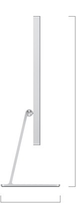 Side view of Studio Display with tilt-adjustable stand, showing height and depth measurements